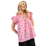 2025 Summer New V-Neck Multi-Layer Lotus Leaf Sleeve Sweet Print Lady Shirt HZ0108