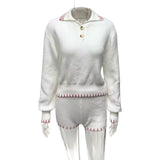 2025 New Women's Fashion Temperament Commuting Knitted Collar Long Sleeve Top Shorts Two-Set HZ0108