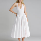 Women's Spring New Temperament Pure Color Elegant Hanging Neck Deep V Folds New Year Dress Dress Dress HZ0108