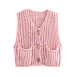 Metal Buckle Red Vest Spring And Autumn Women's Pocket Sleeveless Short Knitted Cardigan Sweater HZ0108