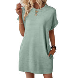 2025 Summer New Loose Round Collar Pocket Solid Color Short-Sleeved Dress Woman HZ0108