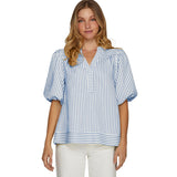 Women's Shirt 2025 New V-Neck Splicing Bubble Sleeve Striped Top HZ0108