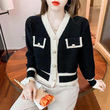 Small Fragrant Knitted Sweater Women 2025 Spring And Autumn New Hit-Colored Cardigan Jacket Casual Temperament V Collar Blouse Tide HZ0108