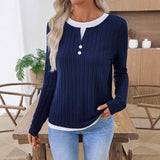 Mid-Winter 2025 New Lady Fake Two Round Collar Button Cover Long-Sleeved T-Shirt HZ0108