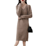 2025 Winter New V-Necked Bottom Sweater Dress Women's Long Loose Knee Straight Knitted Thick Dress HZ0108