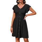 2025 Summer New Women's V-Neck Button To Collect Waist Elastic Short-Sleeved Dress Women HZ0108