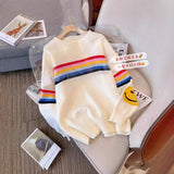 Colored Striped Smiley Face Long-Sleeved Sweater Women's Autumn And Winter New Lazy Style Retro Loose Collar Knitting Top HZ0108