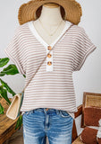 2025 Summer New Lady Splicing Knit V Collar Button Cover Short Sleeve HZ0108