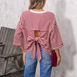 2026 New Lady Round Neck Striped Back With Bow Knitting Top HZ0108