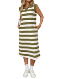2025 Summer Striped Pocket New Collar Sleeveless Long Dress HZ0108