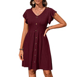 2025 Summer New Women's V-Neck Button To Collect Waist Elastic Short-Sleeved Dress Women HZ0108