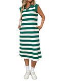 2025 Summer Striped Pocket New Collar Sleeveless Long Dress HZ0108