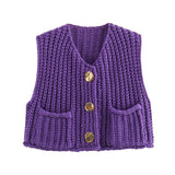 Metal Buckle Red Vest Spring And Autumn Women's Pocket Sleeveless Short Knitted Cardigan Sweater HZ0108