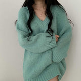 2025 Spring And Autumn Women's Korean Version Of Loose V-Neck Sweater Women's Long Lazy Knitted Sweater HZ0108