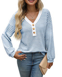 TK2025 New Lady V-Neck Button Casing Splicing Casual Long-Sleeved Color T-Shirt HZ0108