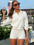 2025 New Women's Fashion Temperament Commuting Knitted Collar Long Sleeve Top Shorts Two-Set HZ0108
