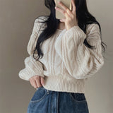 Korean Version Of Chic Autumn And Winter Lazy Wind Niche Lantern Sleeve Solid Color Collar Sweater Women's Knitwear Top HZ0108
