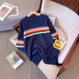 Colored Striped Smiley Face Long-Sleeved Sweater Women's Autumn And Winter New Lazy Style Retro Loose Collar Knitting Top HZ0108