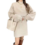 Lantern Sleeve Two Sets Of Knitted Dress 2025 Autumn And Winter New Korean Version Of Temperament Mid-Rise Wear Bottom Sweater Skirt HZ0108