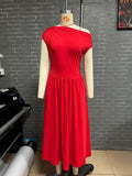 2025 Summer Slanted Shoulder Sexy Waist Solid Color Long With Pocket Dress HZ0108