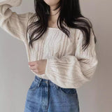 Korean Version Of Chic Autumn And Winter Lazy Wind Niche Lantern Sleeve Solid Color Collar Sweater Women's Knitwear Top HZ0108