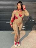 2025 New Women's Leopard Print Bump Color Long-Sleeved Zipper Open Shirt Draw Rope Trousers Two Sets HZ0108