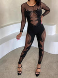 2025 New Hottie Mesh Perspective Sexy Long-Sleeved Collar Lace Jumpsuit HZ0108