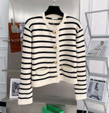 Gold Buckle With Striped Round Collar Small Fragrant Knitted Cardigan Girl Spring And Autumn French Loose Short Outer Sweater Coat HZ0108