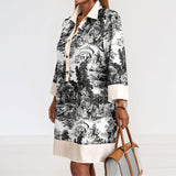 2025 Women's Spring And Winter New Fashion Casual Ink Print Collar Half-Sleeved A-Shaped Dress Women HZ0108