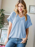 2025 Tiktok Casual Pit Strips Knitted Loose V-Neck Short-Sleeved T-Shirt HZ0108