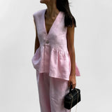 2026 Spring New Women's Temperament Commute Simple V-Neck Solid Pants Set Women HZ0108