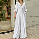 2025 Large-Size Women's Clothing In Broad-Legged Solid Color V-Neck Simple Fashion Jumpsuit HZ0108