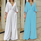 2025 Large-Size Women's Clothing In Broad-Legged Solid Color V-Neck Simple Fashion Jumpsuit HZ0108