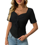 2025 Summer New Fashion Folding Drawstring Sexy Short-Sleeved Top HZ0108