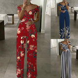 2025 New Commuting Women's Single-Word Shoulder-Print Trousers Sexy High-Waisted Jumpsuit HZ0108
