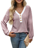 TK2025 New Lady V-Neck Button Casing Splicing Casual Long-Sleeved Color T-Shirt HZ0108