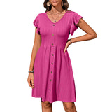 2025 Summer New Women's V-Neck Button To Collect Waist Elastic Short-Sleeved Dress Women HZ0108