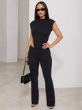 Women's Round Collar Without Sleeves On Both Sides Of The Hollow Black One-Piece Trousers Two Sets HZ0108