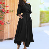 2025 New Women's Simple Slanted Shoulder Tie With Waist Solid Color Dress Woman HZ0108