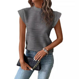 2025 Summer New Semi-High-Neck Texture Wavy Button Short-Sleeved Top HZ0108