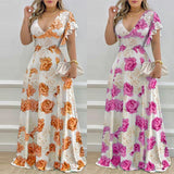 Spring 2025 New Women's Elegant V-Neck Sexy Lotus Leaf Sleeve Print Dress HZ0108