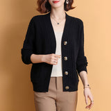 2025 Autumn And Winter V-Neck Solid-Colored Cardigan Simple Loose Middle-Age Mother Long-Sleeved Knitted Sweater Women's Casual Coat HZ0108