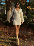 Autumn/Winter 2025 New Women's Fashion Sexy V-Neck Solid Color Classic Knitted Dress HZ0108