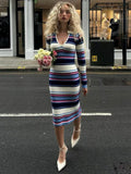 2025 New Women's Stripes Crash-Color Sexy V-Pin Long-Sleeved Bag Hip Knitted Dress HZ0108