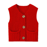 Metal Buckle Red Vest Spring And Autumn Women's Pocket Sleeveless Short Knitted Cardigan Sweater HZ0108