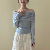 French High-Level Sense Shoulder Long-Sleeved Knitted Shirt Spring Temperament Gentle And Elegant Shoulder Chic Beautiful Little Blouse Tide HZ0108