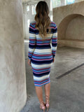 2025 New Women's Stripes Crash-Color Sexy V-Pin Long-Sleeved Bag Hip Knitted Dress HZ0108