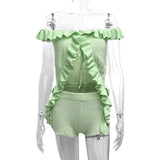 2025 Summer Sexy Shoulder Lotus Leaf Top Three-Point Shorts Wool Suit HZ0108