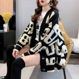 Korean Towel Embroidered Fashion Loose Lazy Letter Knitted Coat Autumn And Winter Women's Clothing Hit Color Sweater Women's Cardigan HZ0108