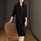 French Temperament Knitted Dress Women's Autumn And Winter 2025 New Half-Zip Chain Leisure Long Sleeve Collar Sweater Dress HZ0108